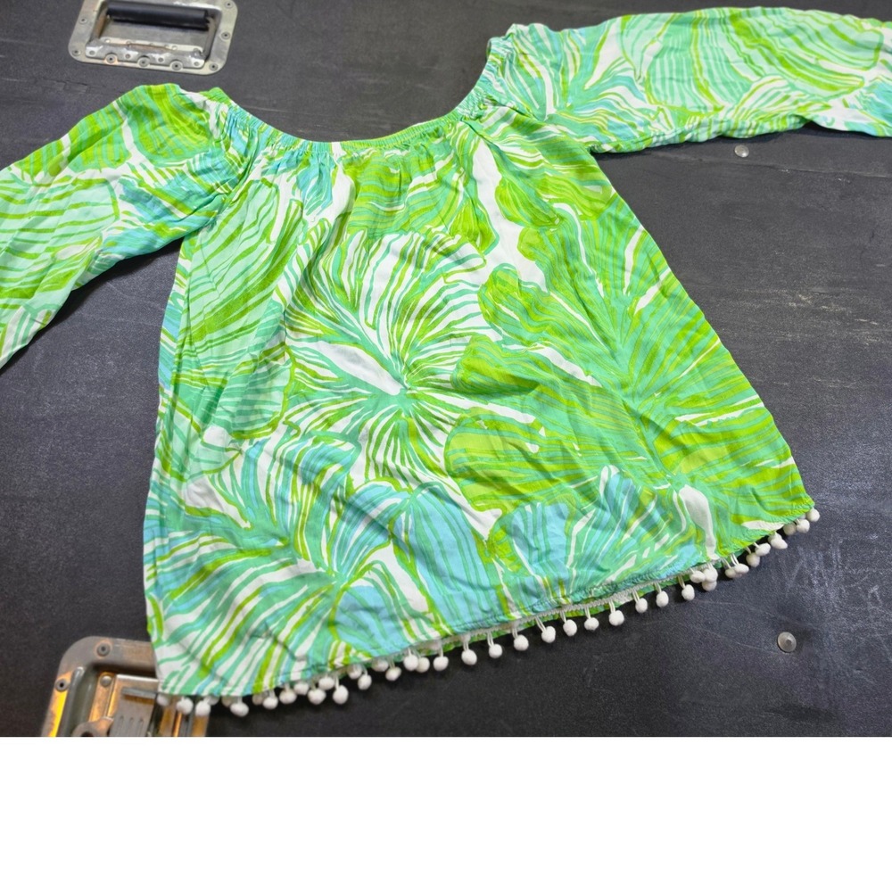 Lilly Pulitzer Green Blue Palm Print Off The Shoulder Pom Pom Trim Top $78 Small
